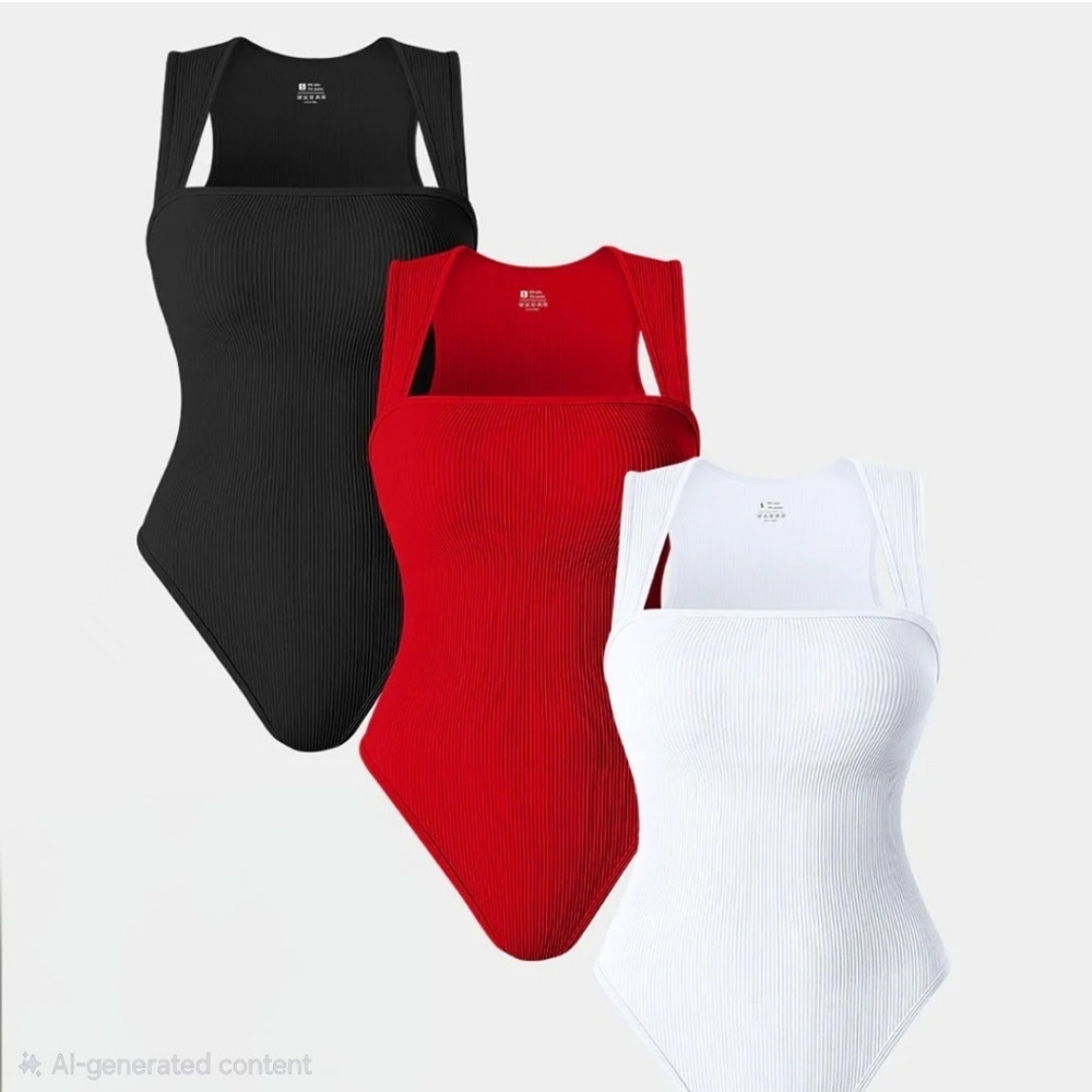 OQQ Ribbed Square-Neck Bodysuit Trio - Black, Red & White Size Large NEW